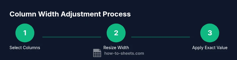 Process diagram showing selecting columns, resizing, and applying exact width in Google Sheets