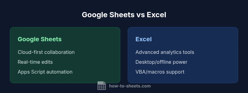 A visual comparison of Google Sheets vs Excel showing collaboration vs analytics