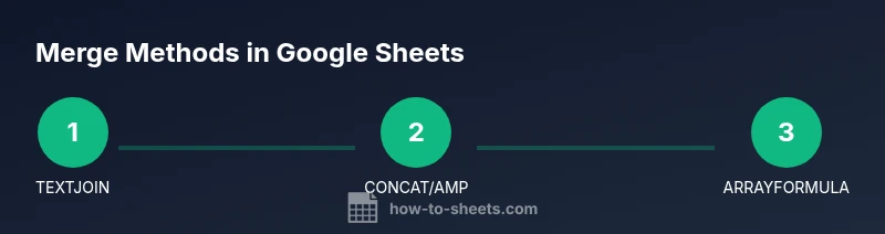 Infographic showing methods to merge two columns in Google Sheets: TEXTJOIN, CONCAT, and ArrayFormula