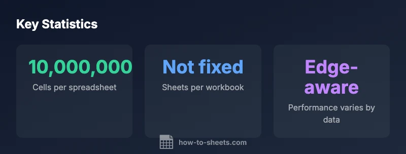 Infographic showing Google Sheets limits: 10 million cells, variable sheet count, performance depends on data