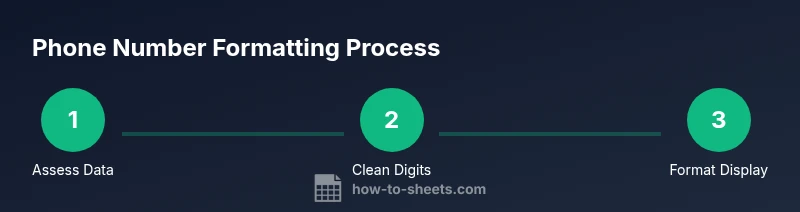 Process diagram showing three steps to format phone numbers in Google Sheets